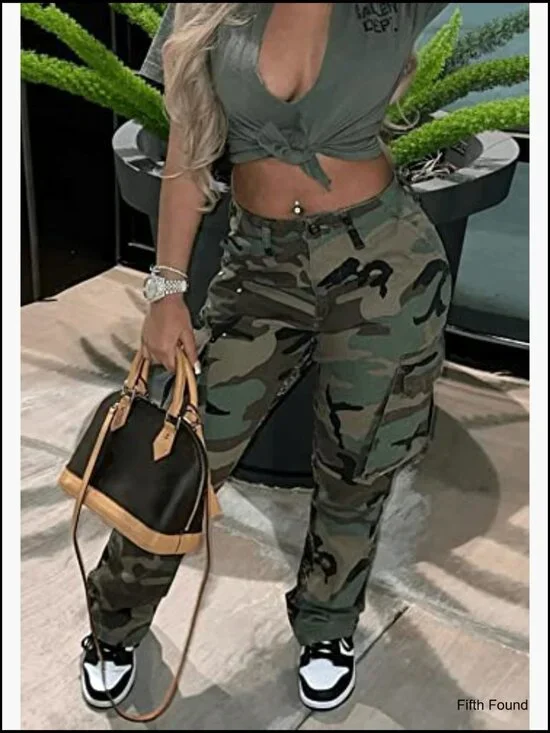 High Waist Camo Cargo Pants Slim Fit Elastic Trousers with Pockets - Picture 2 of 7